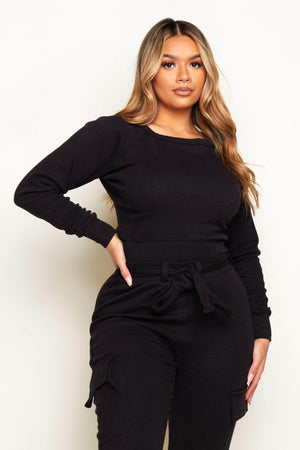 Black Ribbed Basic Crop Sweatshirt