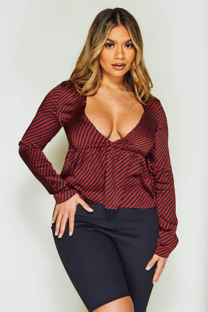 Burgundy Stripe Deep Plunge Blouse