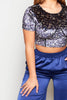 Navy Floral Velour Crop Top with Seam Detail