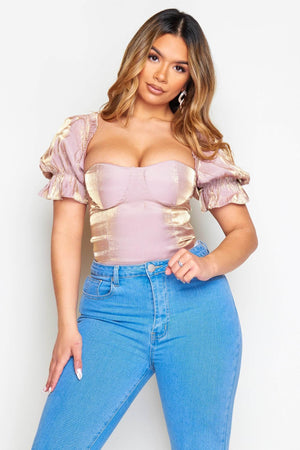 Lilac Shimmer Bustier Puff Sleeve Bodysuit