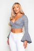 Grey Crop Checked Wrap Top with Flute Sleeves