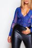 Blue Mesh & Lace Plunge Bodysuit