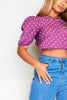 Purple Polkadot Cut Out Tie Back Crop Blouse