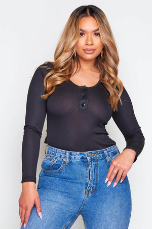 Black Ribbed Button Detail Bodysuit