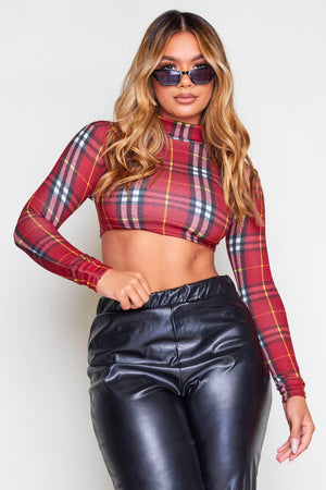 Wine Checked Cropped Top
