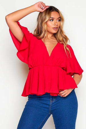 Red Crepe V Neck Peplum Blouse