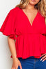 Red Crepe V Neck Peplum Blouse