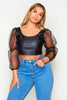 Black Leather Crop Top with Dobby Mesh Sleeves