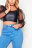 Black Leather Crop Top with Dobby Mesh Sleeves
