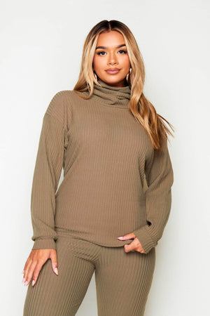 Khaki Rib Roll Neck Jumper