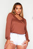 Brown Jersey Plunge Basic Long Sleeve Top