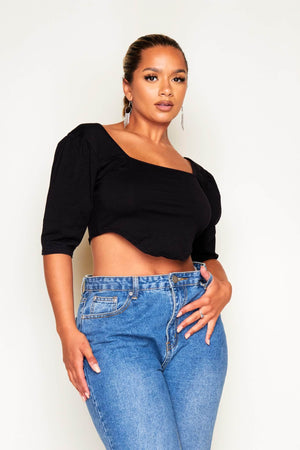 Black Jersey Square Neck 3/4 Sleeve Crop Top