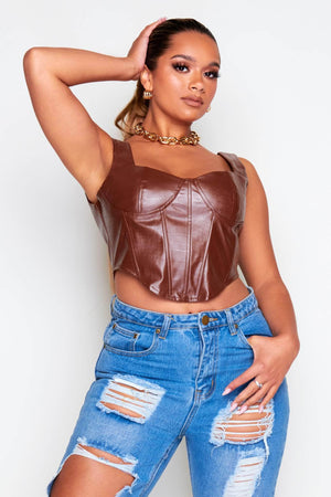 Brown Pu Panel Detail Crop Corset