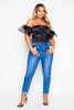 Black Satin Bardot Sheer Puff Sleeve Bodysuit