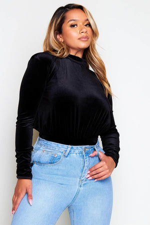 Black Velvet High Neck Long Sleeve Bodysuit