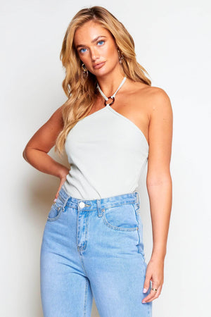 Sage Ribbed Ring Halter Neck Bodysuit