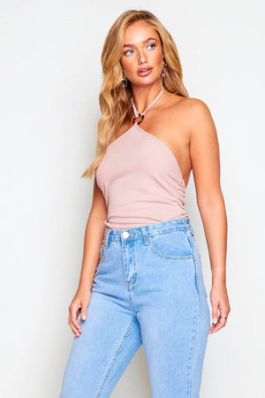 Mauve Ribbed Ring Halter Neck Bodysuit