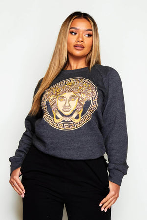 Grey Fleece Lined Medusa Printed Sweatshirt