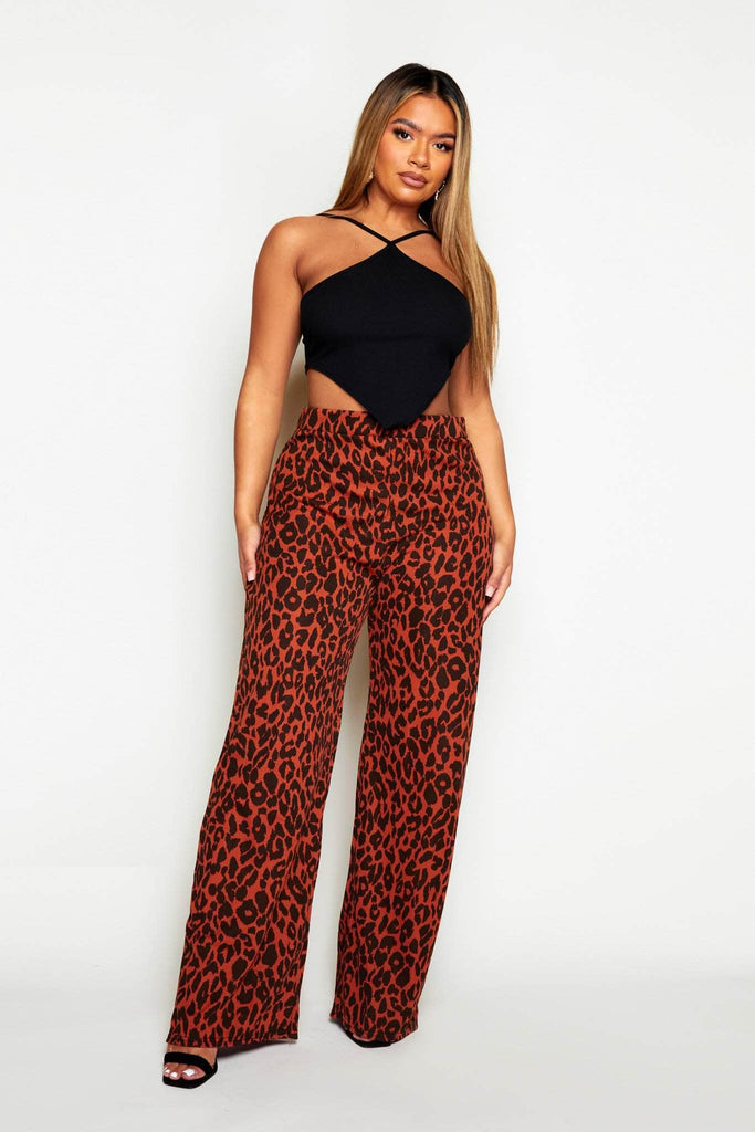 Plus+ Rust Ribbed Leopard Printed Wide Trousers