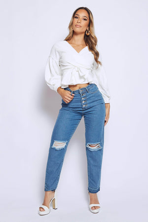 5 Button Ripped Knee Mom Jean in Mid Blue