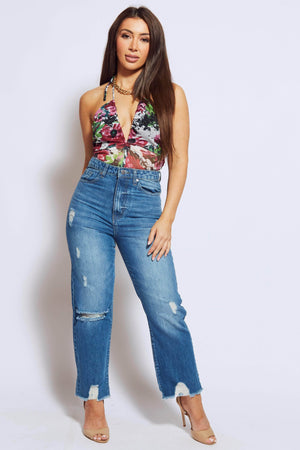 Mid Blue Mom Jeans with Hem Cut