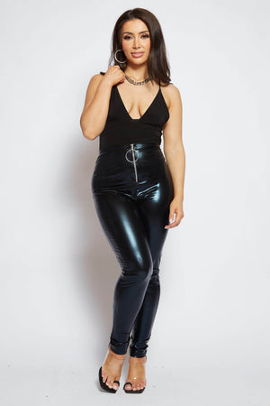 Black Vinyl Trousers with D Ring Zip