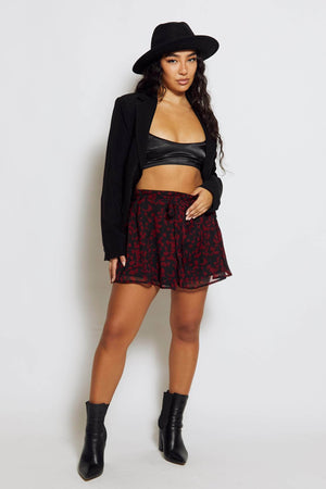 Black Red Leaf Printed Chiffon Frill Shorts