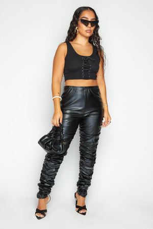 Black Faux Leather Ruched Leggings