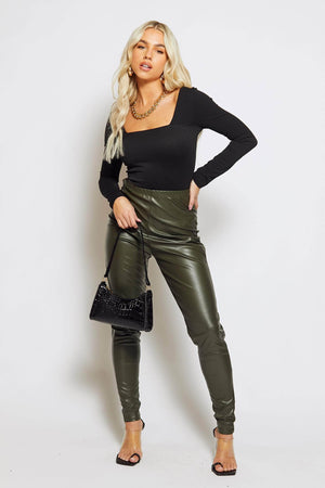 Khaki Pu Leather Leggings