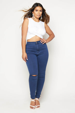 Blue Denim Skinny Jeans with Knee Rips
