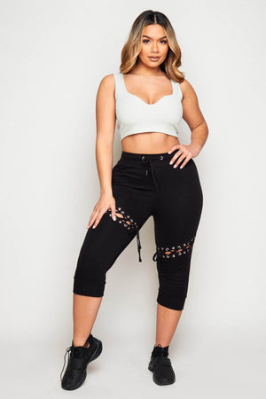 Black Eyelet Detail Cropped Joggers