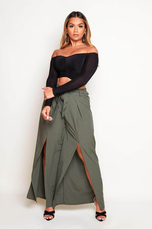 Khaki Wide Leg Split Belted Trousers