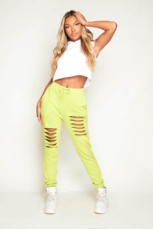 Lime Green Distressed Ripped Joggers