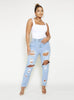 Light Wash Denim Mom Jeans with Heavy Distressed Detailing