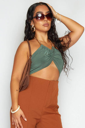 Green Slinky Cross Over Gold Chain Halter Crop Top