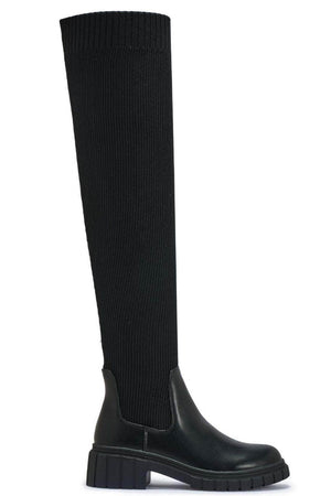 Black PU Knitted Knee High Sock Boot