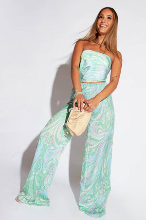 Green Abstract Printed Wide Leg Trousers & Top