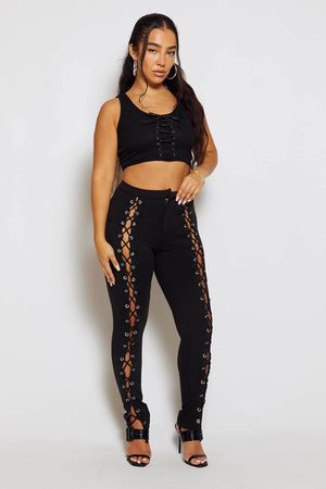 Black Front Lace Up Eylet Joggers