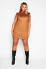 Camel Suede Shoulder Pad Sleeveless Shift Dress