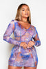 Blue Statue Print Mesh Bodycon Mini Dress