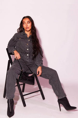 Grey Washed Denim Utility Jumpsuit