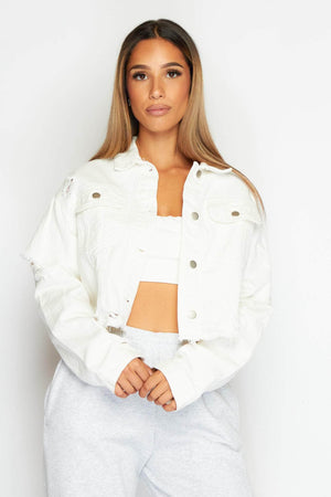 White Denim Cropped Distressed Hem Jacket