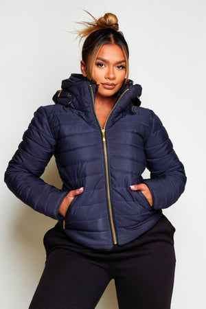 Navy Padded Fur Collared Puffer Jacket with Hidden Hood