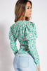 Green Floral Plunge Buttoned Pleated Blouse