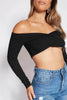 Black Ribbed Wrap Long Sleeve Crop Top