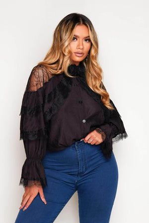 Black Contrast Lace Ruffle Blouse