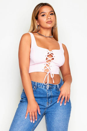 Pink Front Lace Up Sleeveless Crop Top