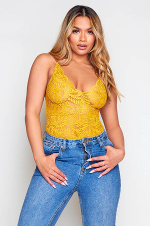 Mustard Lace Cross Over Strappy Bodysuit