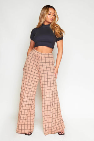 Camel Jersey Check Wide Leg Trousers