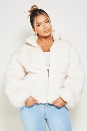 Cream Faux Fur Bomber Jacket